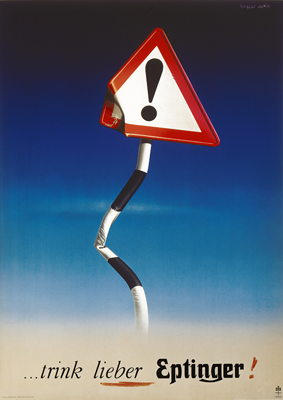 Bent danger sign; red, blue, black