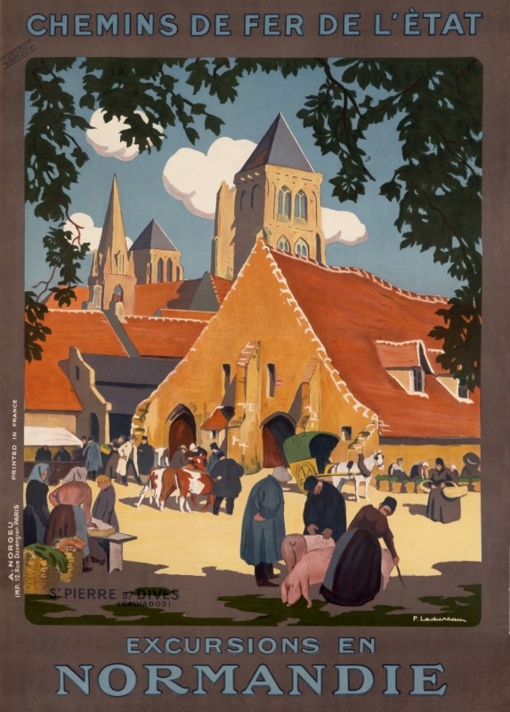 Market in front of St. Pierre sur Dives church; brown, yellow, blue, green