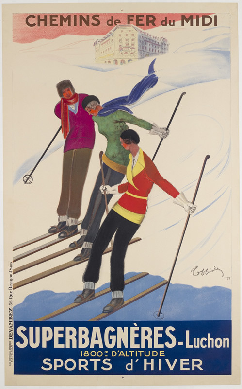 Three women skiing; pink, blue, white, red