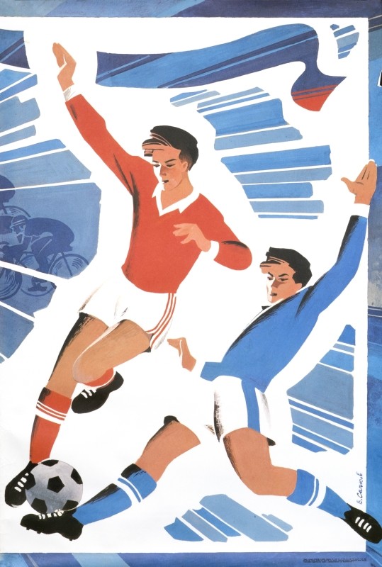 two soccer players in red and blue Dynamo and Spartacus; white, red, blue, black