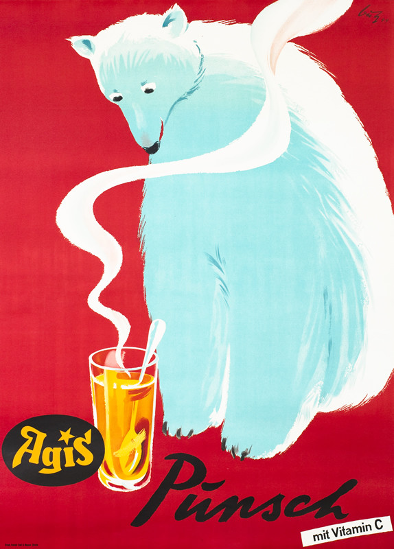 Polar bear gazing down at a glass of steaming liquid; red, black, white, yellow