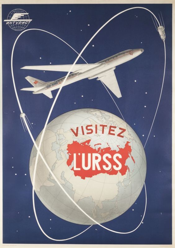 Airplane flies above earth in space with Sputnik satellite orbiting, Russia highlighted in red; blue, red, grey, white