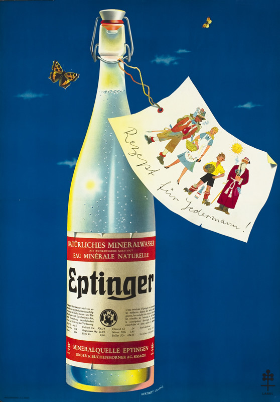 Bottle of water with label with soccer player, old man, etc, blue red