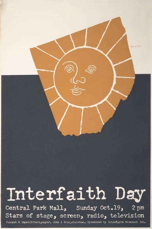 Line drawing of a face in sun in a tilted square with torn edge; orange, white, black