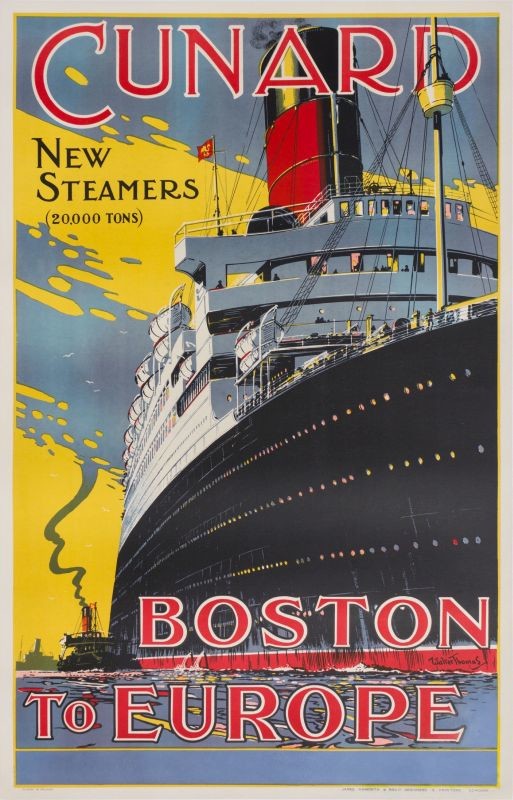 Ocean liner and tugboat; yellow, blue, red, black