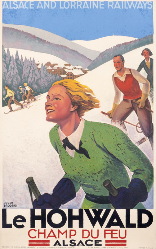 Woman skiing on mountain with other skiiers behind; blue, red