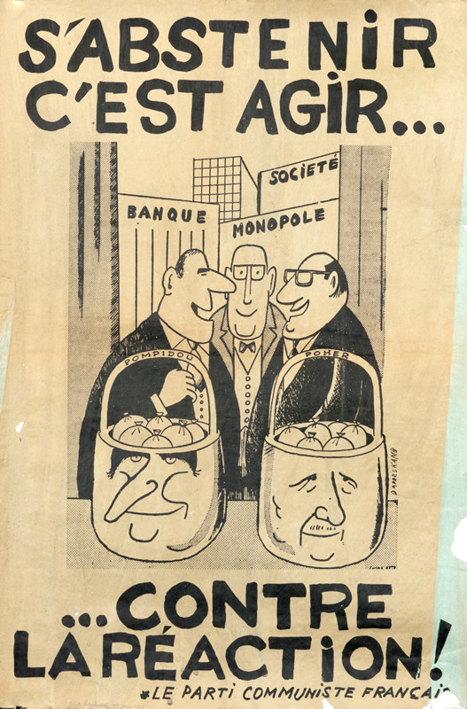 Three fat cat businessmen have paid off Pomidou and Poher with bags of money that fill their heads; black, white