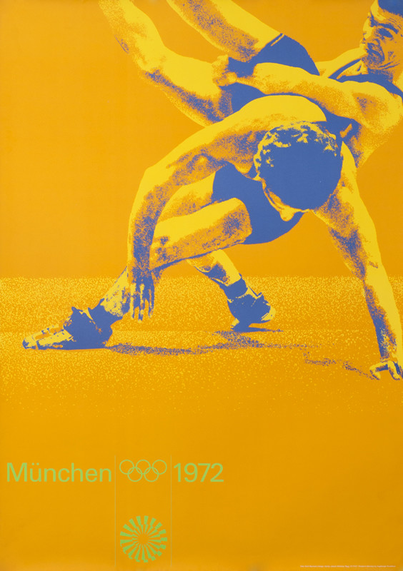 Men wrestling; orange, purple